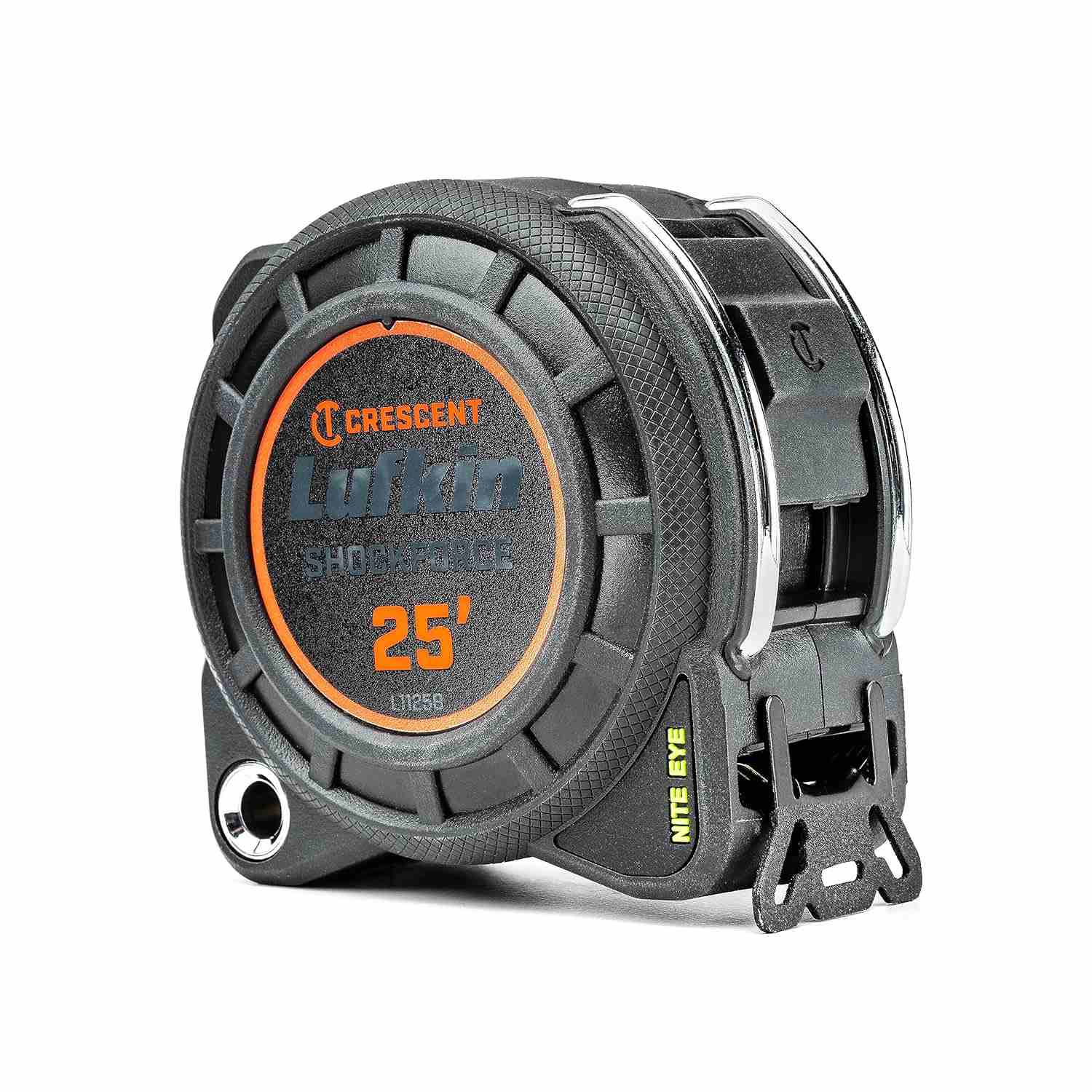 Perspective view of the Crescent Lufkin L1125B-02 Shockforce Nite Eye tape measure showing the textured black ergonomic grip, heavy-duty belt clip, and the wide dual-sided endhook.