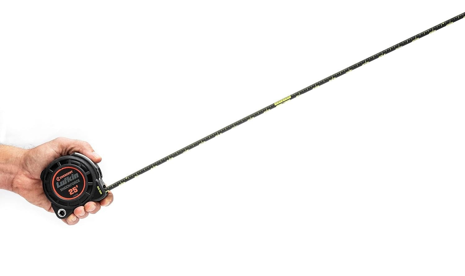 A person holding the Crescent Lufkin Shockforce tape measure with the blade fully extended to demonstrate its 15-foot reach and horizontal standout capability for solo measurements.