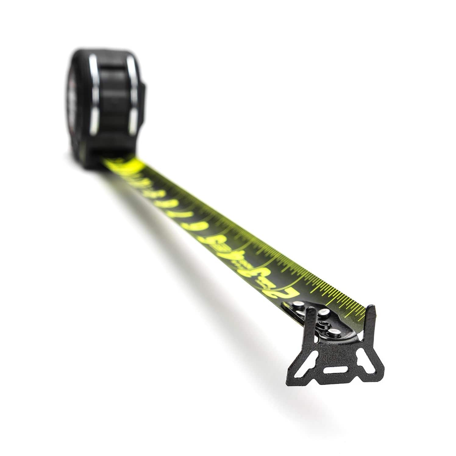 Front-facing perspective of the Crescent Lufkin 25-foot Nite Eye tape measure blade extended toward the viewer, highlighting the large 360-degree endhook and high-visibility markings.