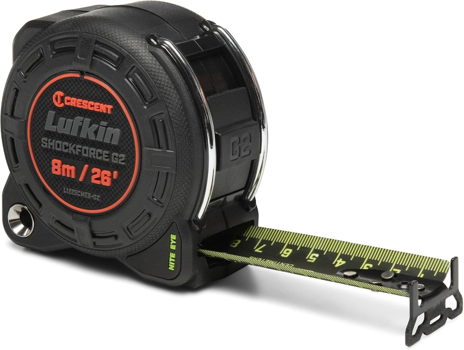 A perspective studio shot of the Crescent Lufkin Shockforce Nite Eye G2 26-foot (8-meter) magnetic tape measure featuring a rugged black impact case and a high-visibility matte black blade with green markings.