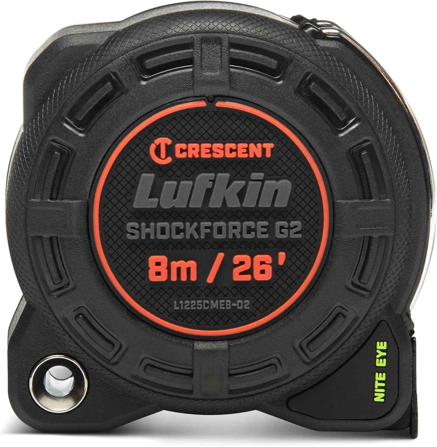 A close-up front view of the Crescent Lufkin L1225CMEB-02 showing the durable matte-finish housing with integrated G2 bolstered case design for superior jobsite impact protection.