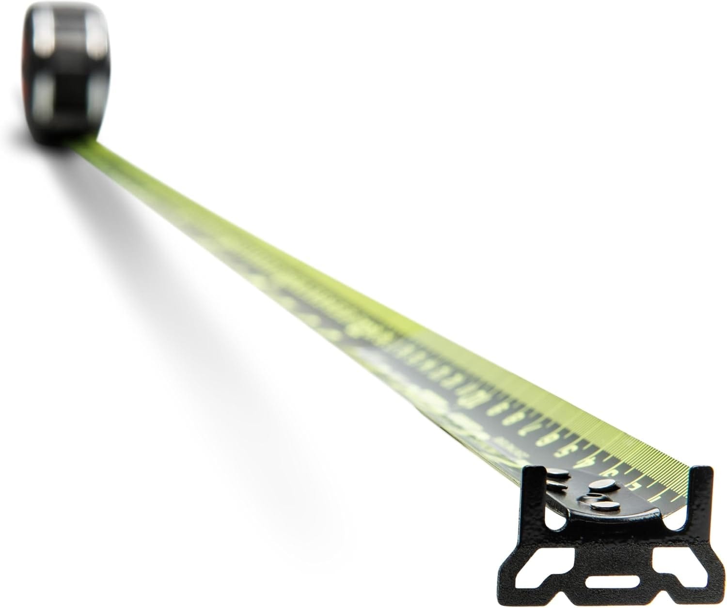 A long perspective view demonstrating the 17-foot reach of the Shockforce Nite Eye G2 tape measure blade, showcasing the wide steel construction and the diamond-coated 360-degree end hook.
