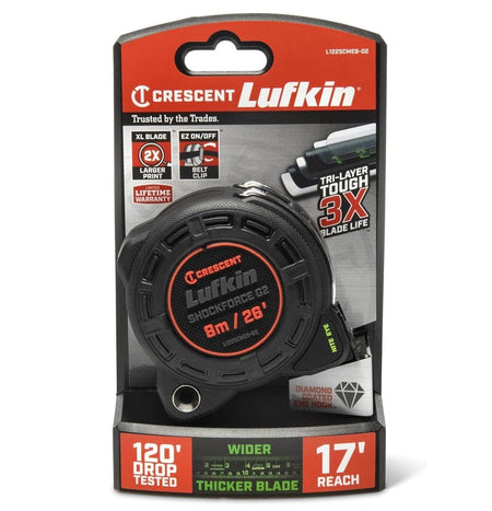 Retail carded packaging for the Crescent Lufkin Shockforce Nite Eye G2 tape measure highlighting features such as the 120-foot drop test, 17-foot reach, and tri-layer tough blade life.
