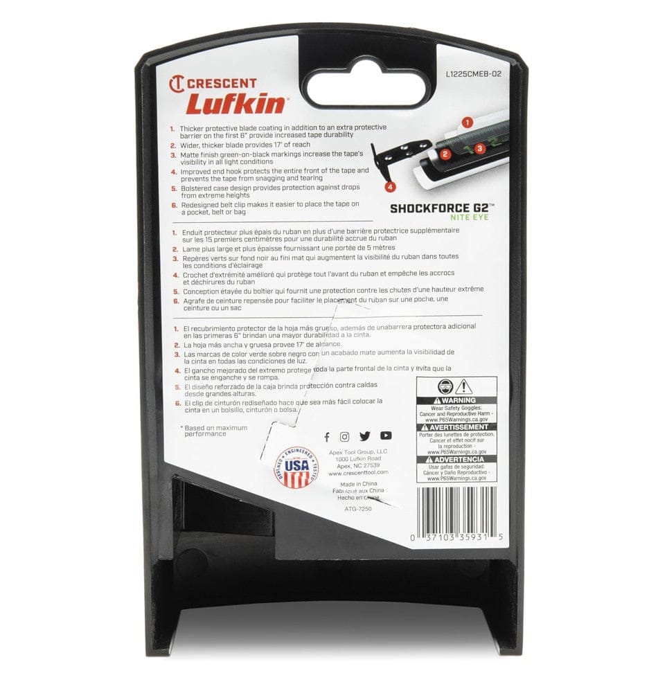 The back of the retail package for the L1225CMEB-02 providing technical details on the protective blade barrier coating, bolstered case design, and integrated steel tether point for safety at height.