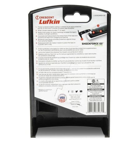 The back of the retail package for the L1225CMEB-02 providing technical details on the protective blade barrier coating, bolstered case design, and integrated steel tether point for safety at height.