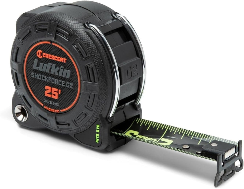 A studio product shot of the Crescent Lufkin Shockforce Nite Eye G2 25-foot magnetic tape measure featuring a rugged black impact-resistant case and a high-visibility matte black blade with green markings.