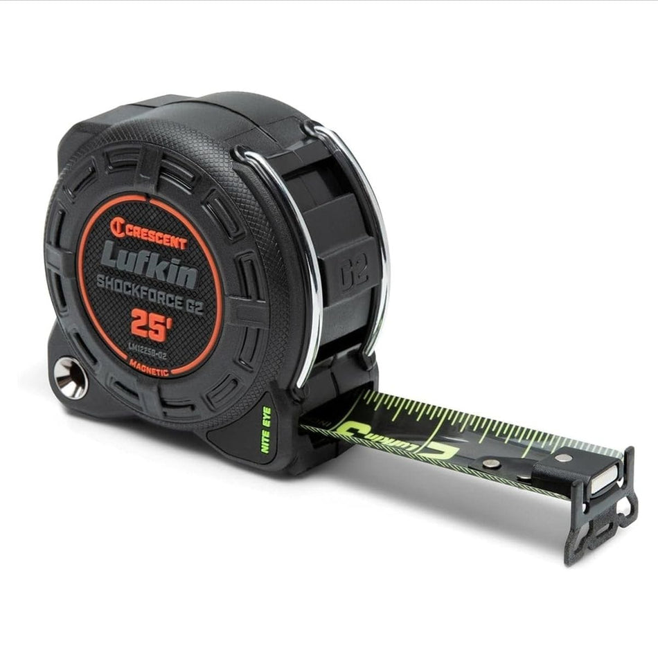 A studio product shot of the Crescent Lufkin Shockforce Nite Eye G2 25-foot magnetic tape measure featuring a rugged black impact-resistant case and a high-visibility matte black blade with green markings.