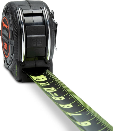 Close-up view of the Crescent Lufkin LM1225B-02 showing the high-contrast matte green-on-black blade markings and the reinforced G2 bolstered case designed for extreme jobsite durability.