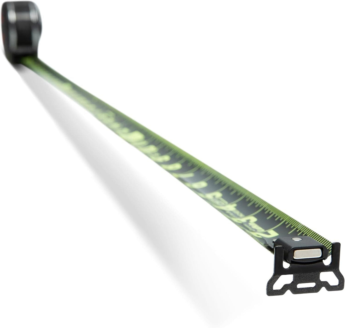 A perspective shot highlighting the 17-foot reach of the Crescent Lufkin Shockforce Nite Eye G2 tape measure blade, showcasing the wide, thick construction and the diamond-coated magnetic end hook.