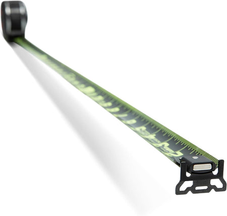 A perspective shot highlighting the 17-foot reach of the Crescent Lufkin Shockforce Nite Eye G2 tape measure blade, showcasing the wide, thick construction and the diamond-coated magnetic end hook.