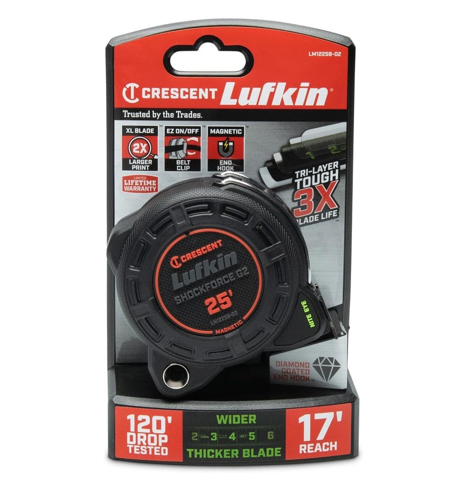 The retail packaging for the Crescent Lufkin Shockforce Nite Eye G2 25-foot tape measure, detailing features such as the 120-foot drop test, 17-foot reach, and tri-layer tough blade life.