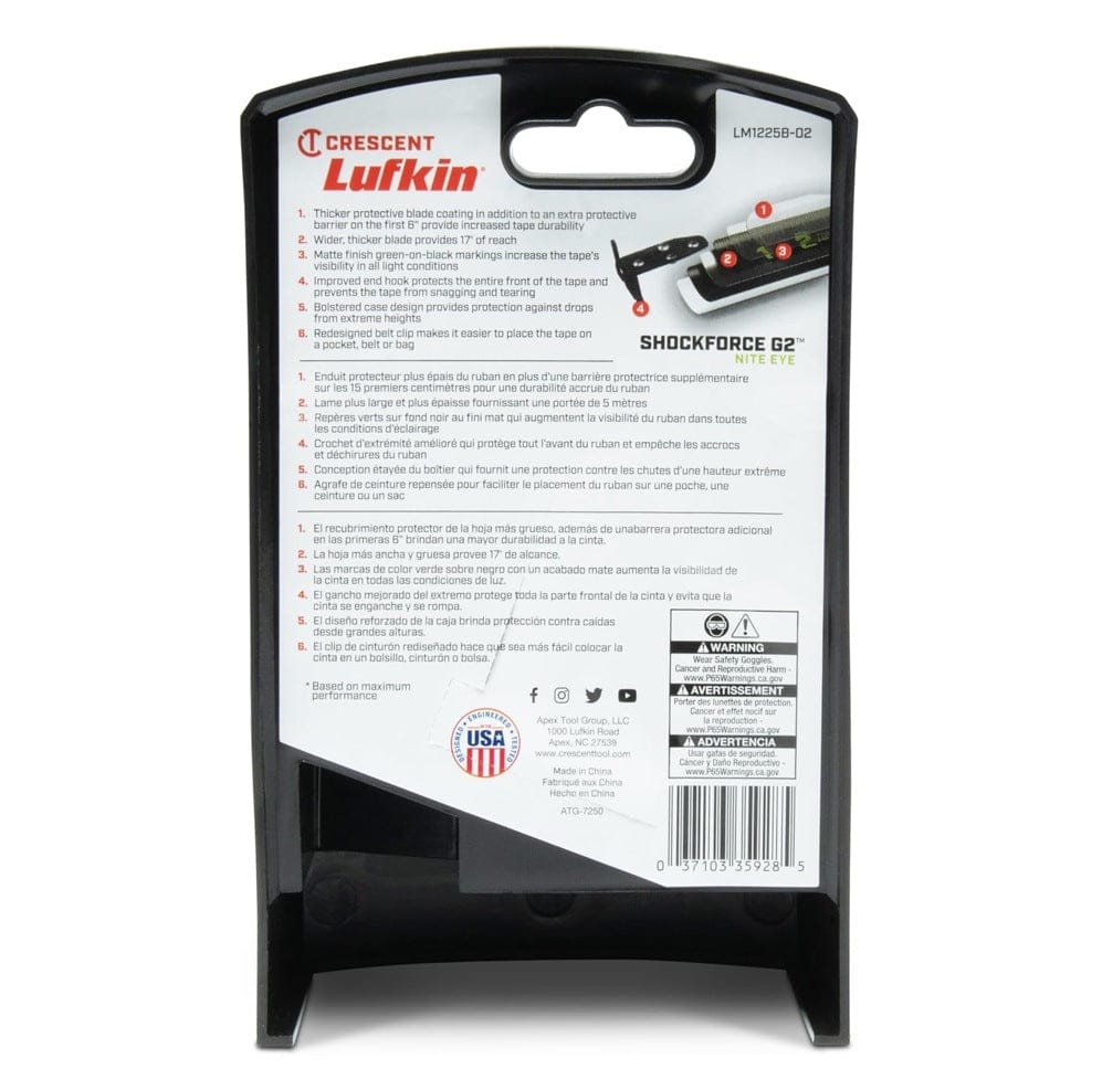 The back of the retail package for the LM1225B-02 magnetic tape measure, providing technical information on the protective blade barrier coating, bolstered case design, and redesigned belt clip.