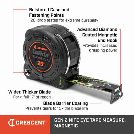 An informative product infographic for the Crescent Lufkin Shockforce Nite Eye G2 highlighting the bolstered case, 120-foot drop test rating, 17-foot reach, and diamond-coated magnetic end hook.