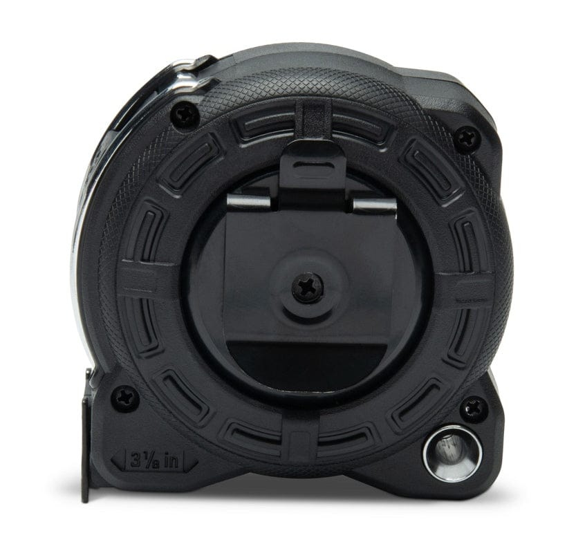 The rear view of the Crescent Lufkin 25-foot tape measure showcasing the durable black housing and the 3-1/8 inch case width for accurate internal measurements.