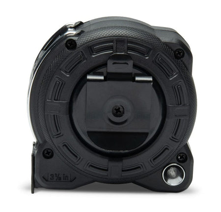 The rear view of the Crescent Lufkin 25-foot tape measure showcasing the durable black housing and the 3-1/8 inch case width for accurate internal measurements.