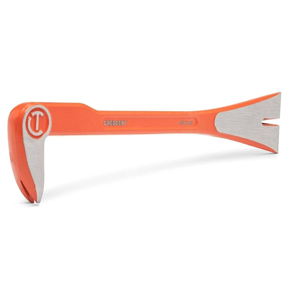 Profile view of the Crescent MB10-06 10-inch molding pry bar featuring a high-visibility rawhide orange finish and a specialized rocker head design for maximum leverage during trim removal.