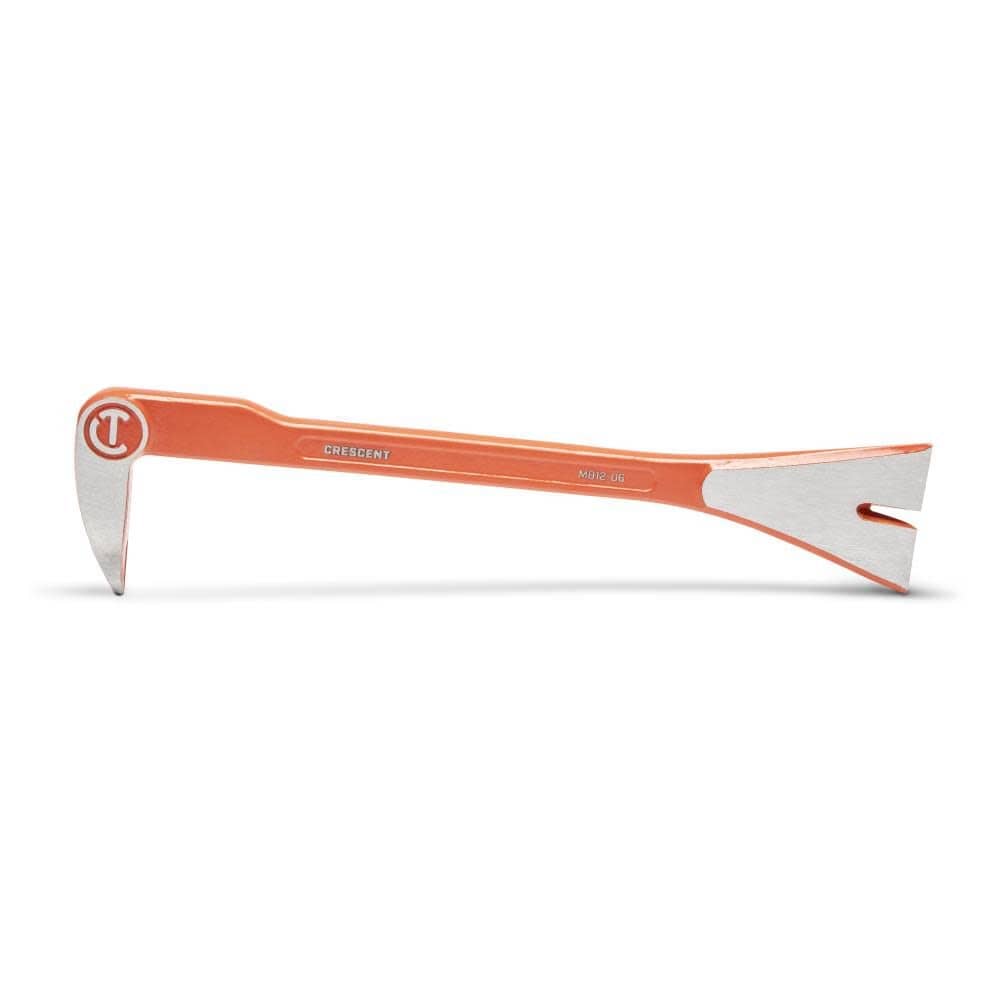 Side profile view of the Crescent MB12-06 12-inch molding pry bar featuring a high-visibility rawhide orange finish and a specialized rocker head design for maximum leverage during renovation.