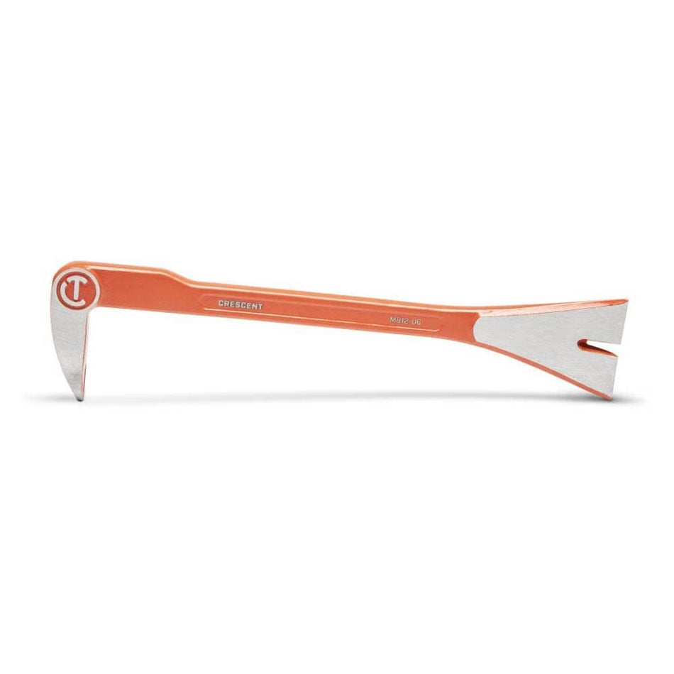 Side profile view of the Crescent MB12-06 12-inch molding pry bar featuring a high-visibility rawhide orange finish and a specialized rocker head design for maximum leverage during renovation.