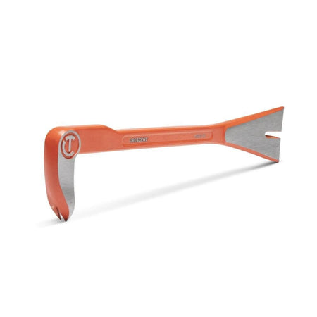 Angled studio view of the Crescent 12-inch alloy steel molding bar highlighting the slim, forged body and precision-ground ends engineered for prying trim and baseboards.