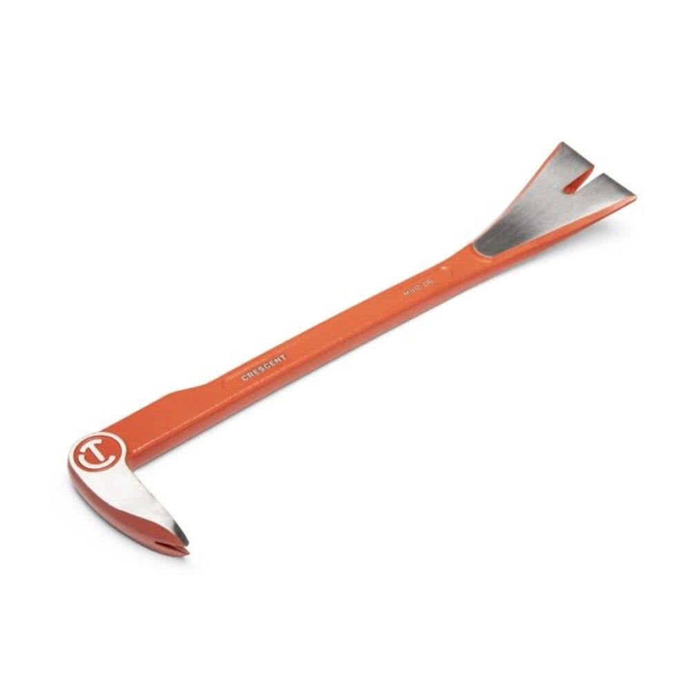 Top-down perspective of the Crescent MB12-06 molding pry bar showcasing the wide, flat prying blade and the integrated beveled nail puller slot on the polished steel tip.