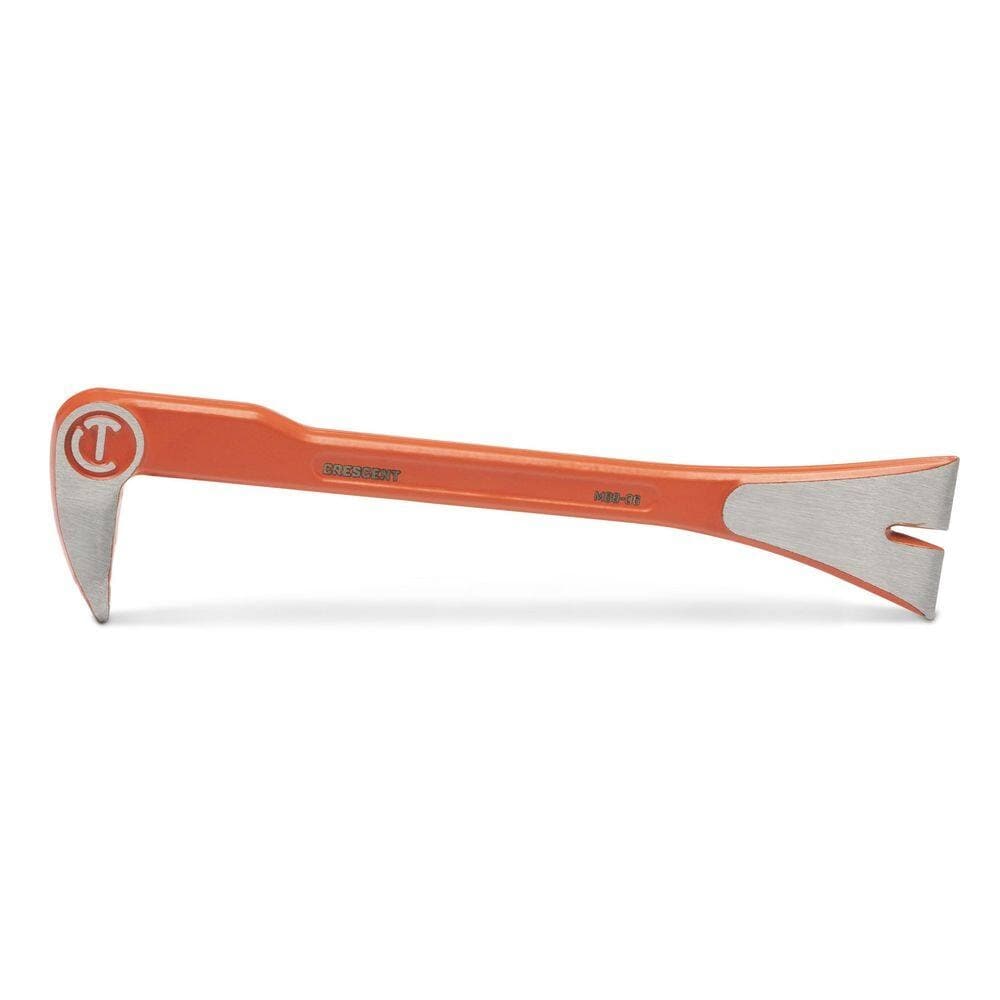 A profile view of the Crescent MB8-06 8-inch molding pry bar featuring a high-visibility rawhide orange finish and a specialized curved rocker head for maximum prying leverage during renovation projects.