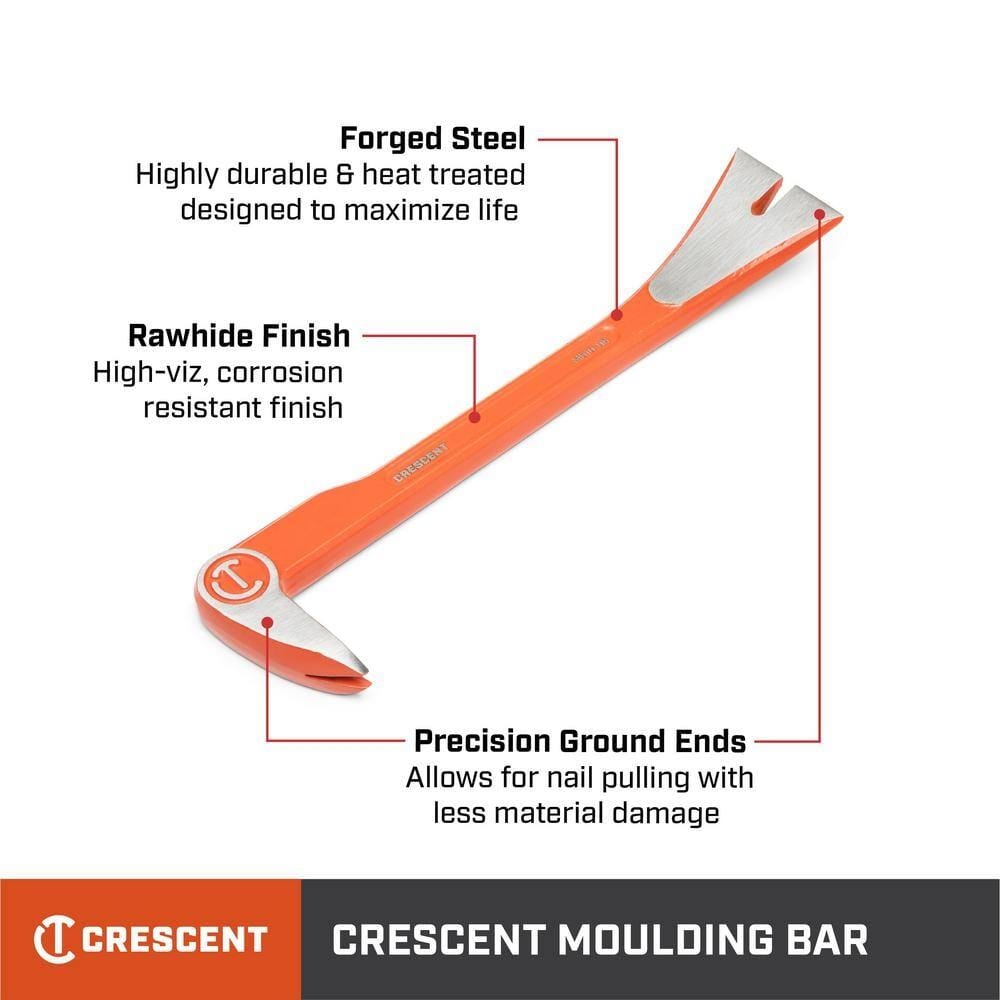 An infographic highlighting the features of the Crescent 8-inch molding bar, including its heat-treated forged steel construction, hi-viz corrosion-resistant finish, and precision ground ends for clean nail pulling.