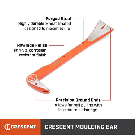 An infographic highlighting the features of the Crescent 8-inch molding bar, including its heat-treated forged steel construction, hi-viz corrosion-resistant finish, and precision ground ends for clean nail pulling.