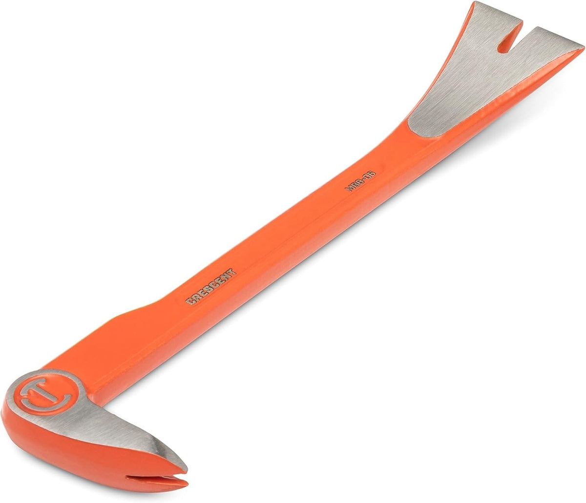 An angled studio shot of the Crescent MB8-06 molding pry bar showcasing the wide, flat prying blade and the integrated V-notch nail puller slot on the polished steel tip.