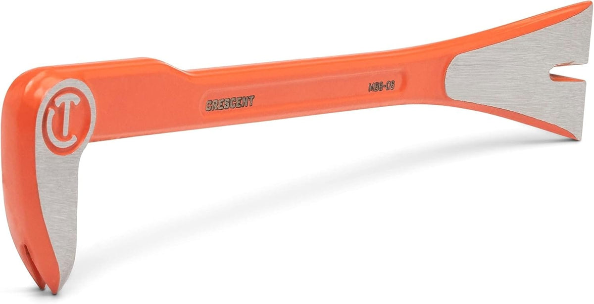 A side view of the Crescent 8-inch alloy steel molding bar emphasizing the slim, forged body and precision ground edges designed for delicate trim and baseboard removal.