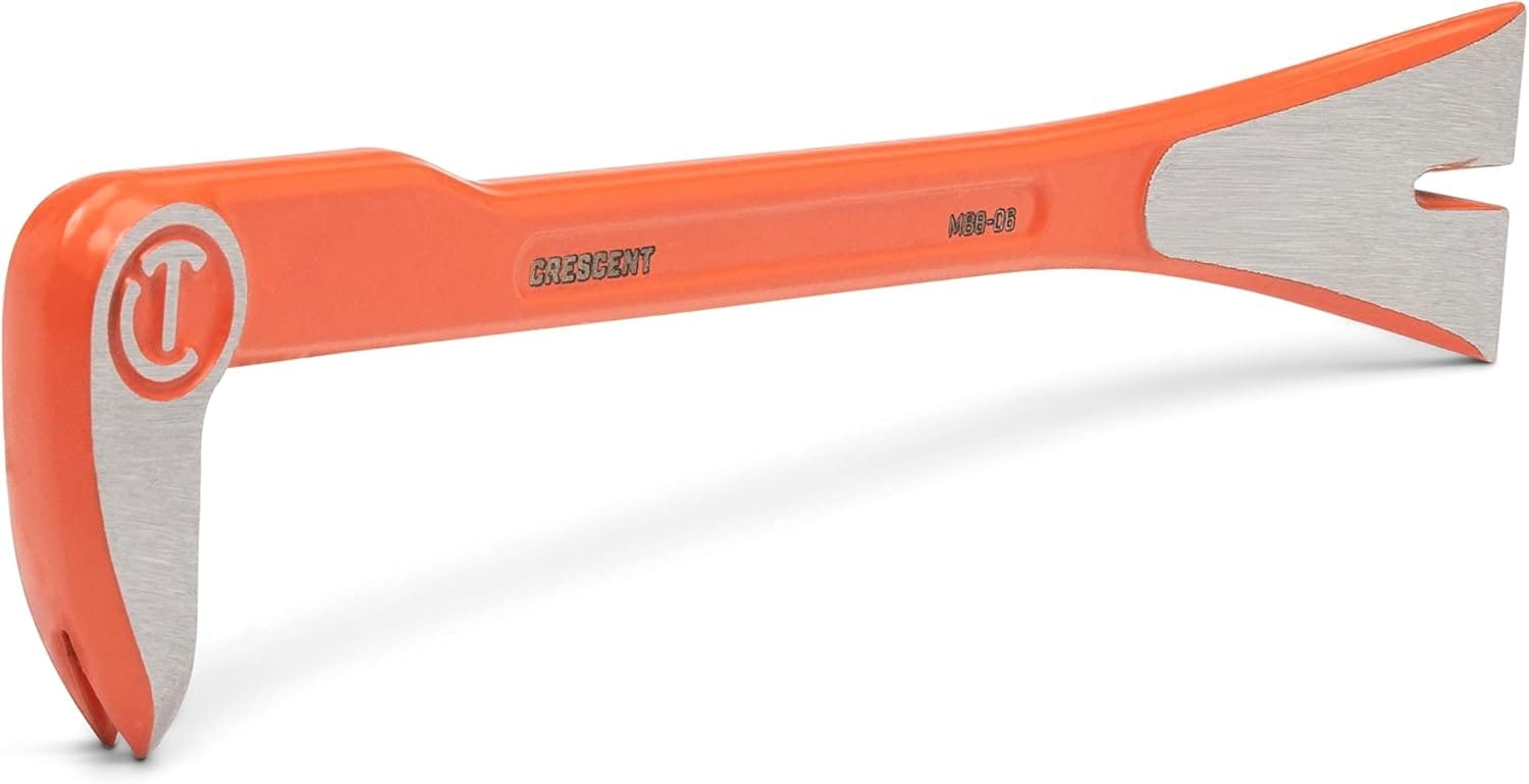 A side view of the Crescent 8-inch alloy steel molding bar emphasizing the slim, forged body and precision ground edges designed for delicate trim and baseboard removal.