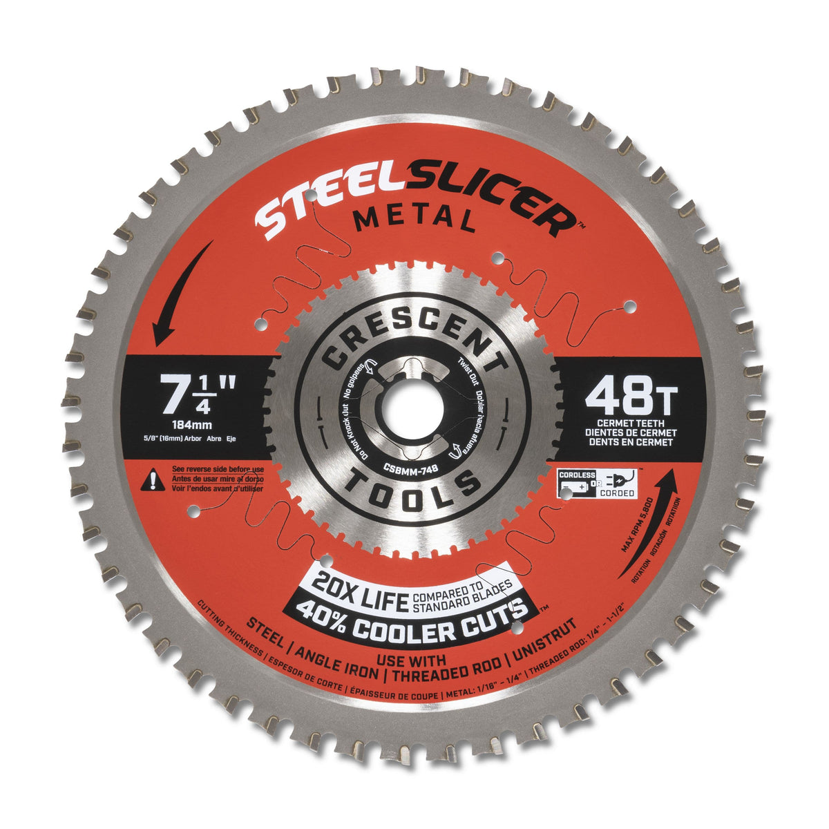 Crescent SteelSlicer 7-1/4-inch 48T cermet metal saw blade delivering 20X life and 40% cooler cuts in steel and Unistrut.