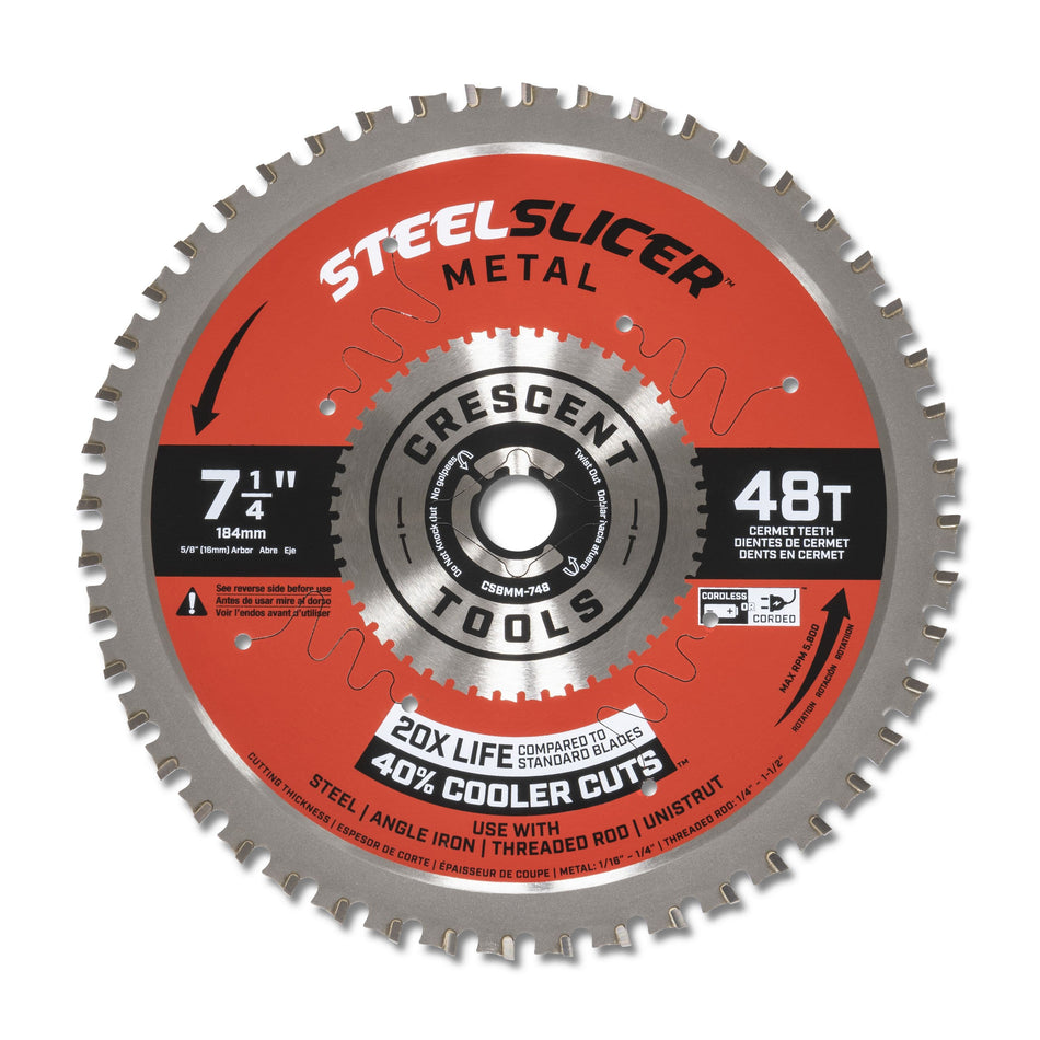 Crescent SteelSlicer 7-1/4-inch 48T cermet metal saw blade delivering 20X life and 40% cooler cuts in steel and Unistrut.