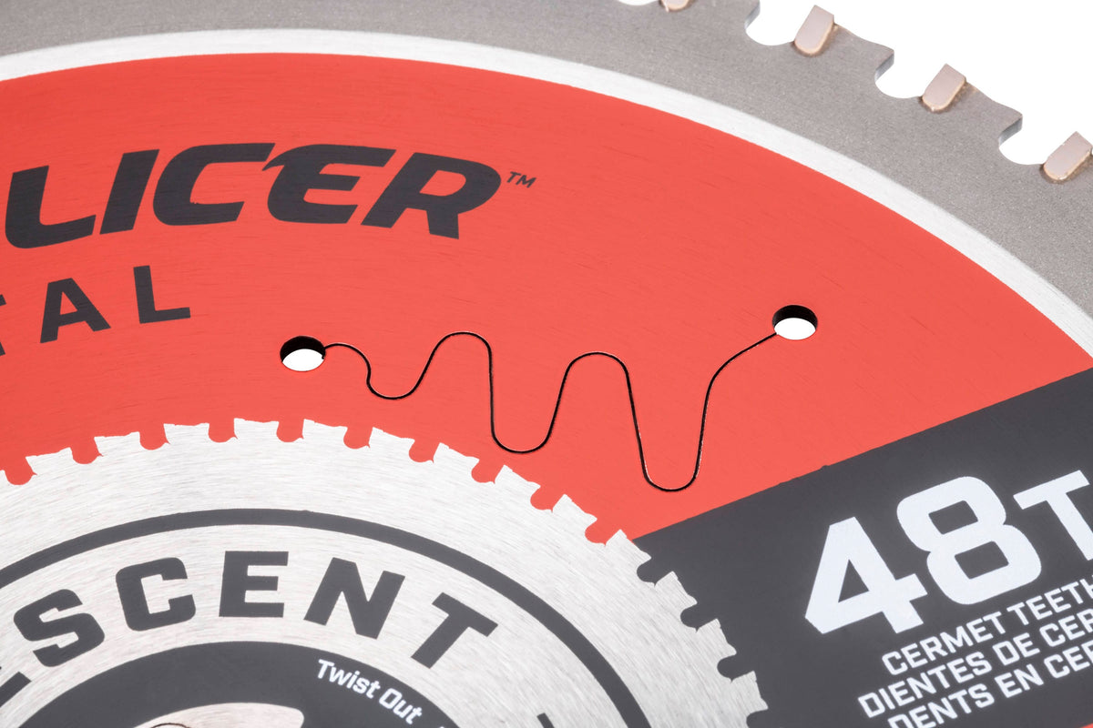 Laser-cut serpentine harmonic vibration slot on a Crescent 7-1/4-inch metal saw blade designed to prevent blade chatter.
