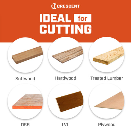 Material chart showing Crescent FineCut blade compatibility across softwood, hardwood, treated lumber, OSB, LVL, and plywood.