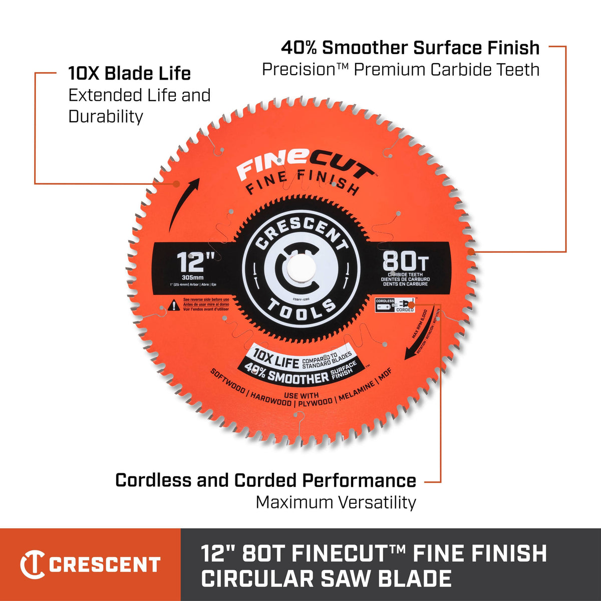 Crescent 12-inch 80-tooth FineCut saw blade feature diagram highlighting 10X blade life and corded or cordless versatility.