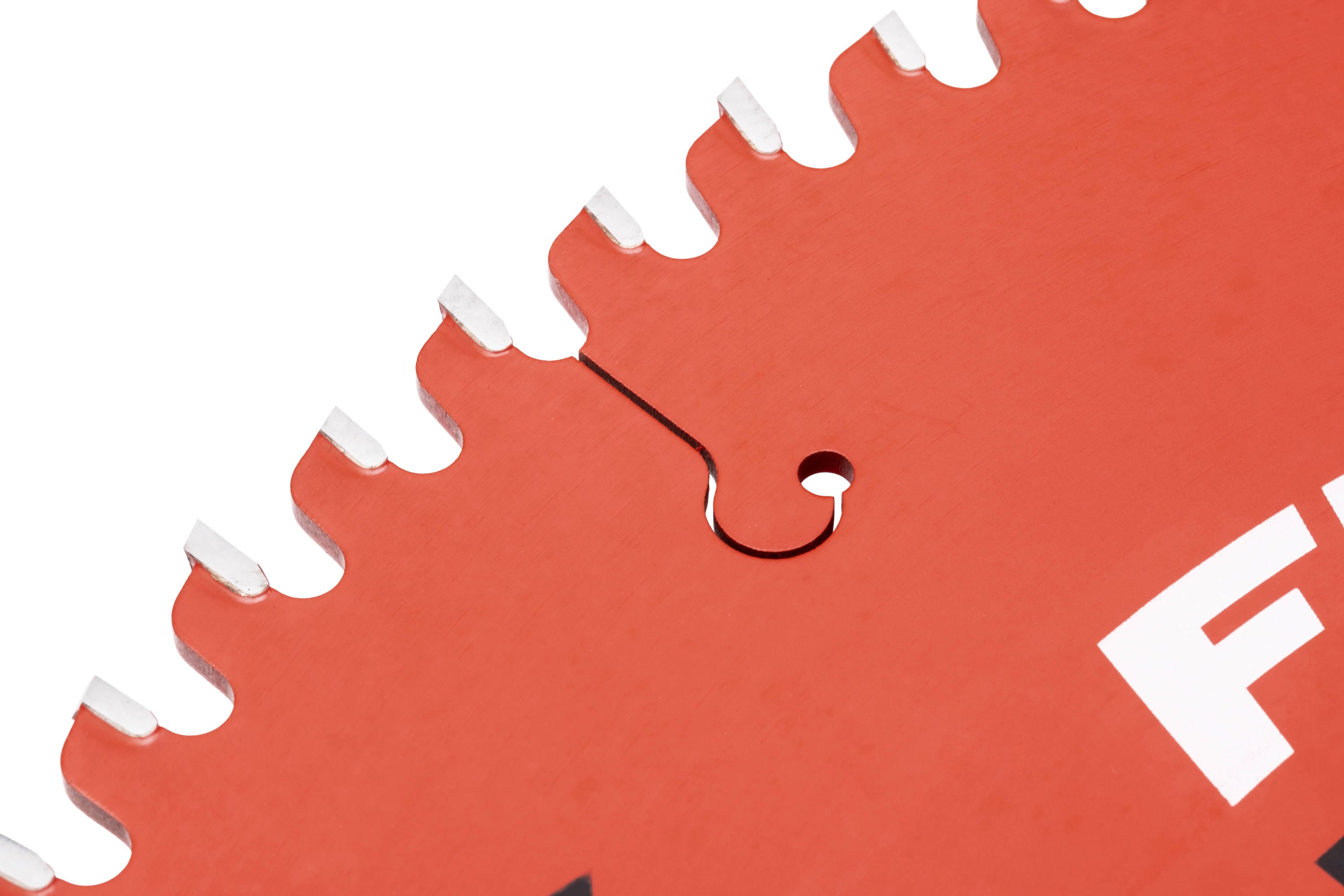 Laser-cut perimeter expansion relief slot on a Crescent saw blade engineered to dissipate thermal friction heat.