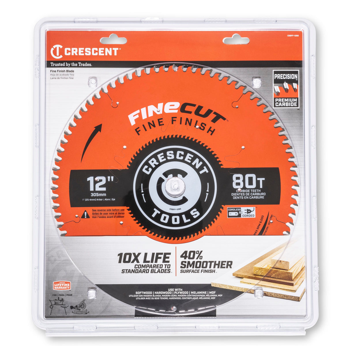 Crescent CSBFF-1280 12-inch 80-tooth FineCut finish saw blade in retail packaging with lifetime warranty badge.