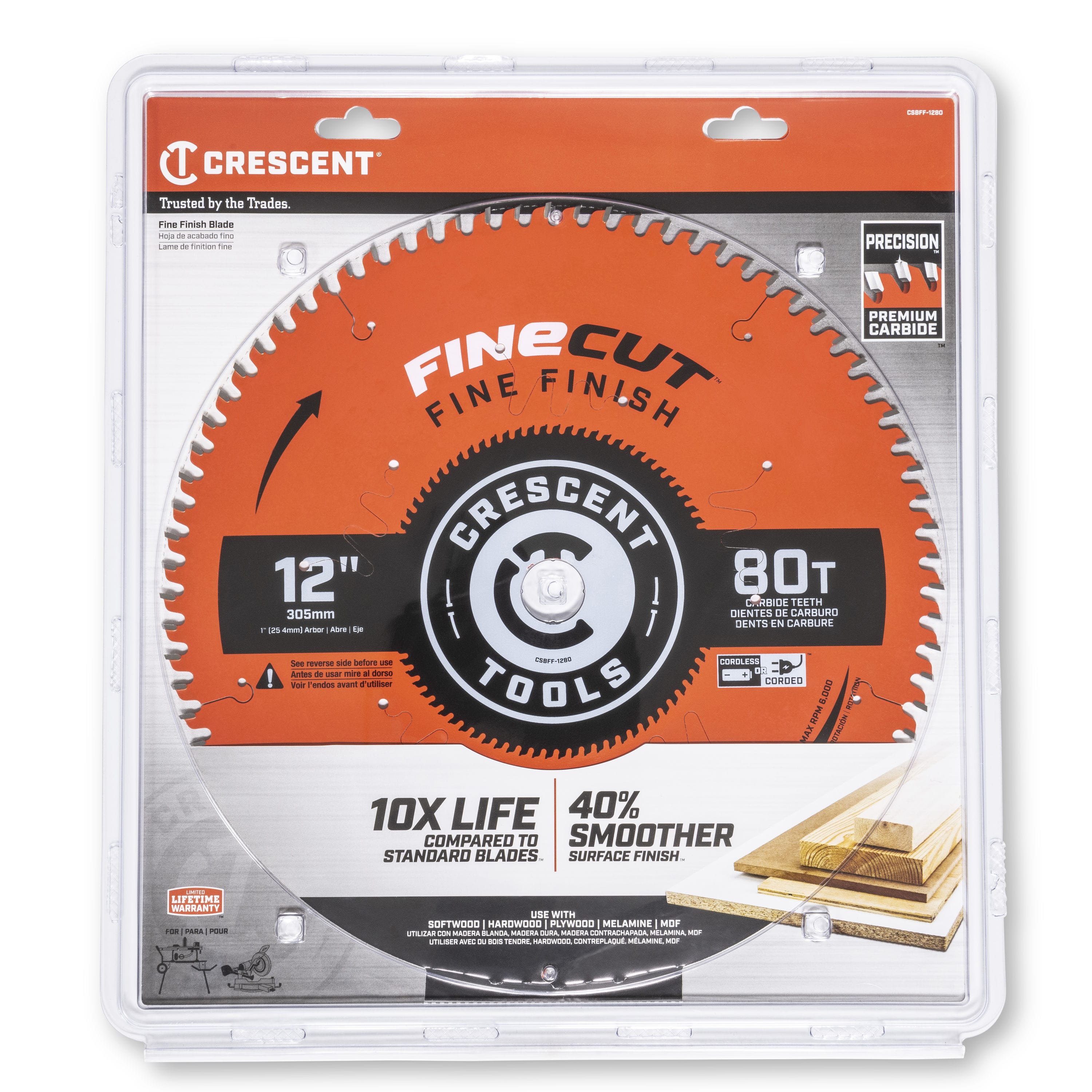 Crescent CSBFF-1280 12-inch 80-tooth FineCut finish saw blade in retail packaging with lifetime warranty badge.