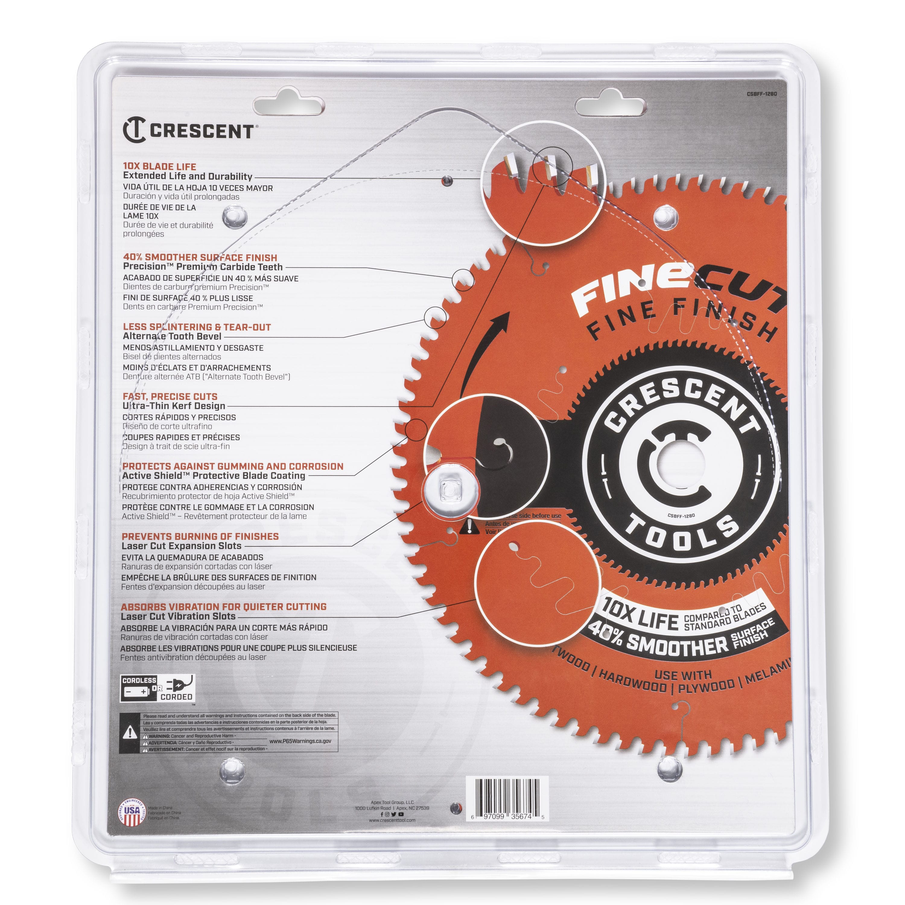 Back of Crescent CSBFF-1280 retail packaging detailing Active Shield coating and laser-cut vibration slot specifications.