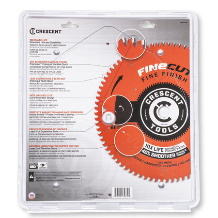 Back of Crescent CSBFF-1280 retail packaging detailing Active Shield coating and laser-cut vibration slot specifications.