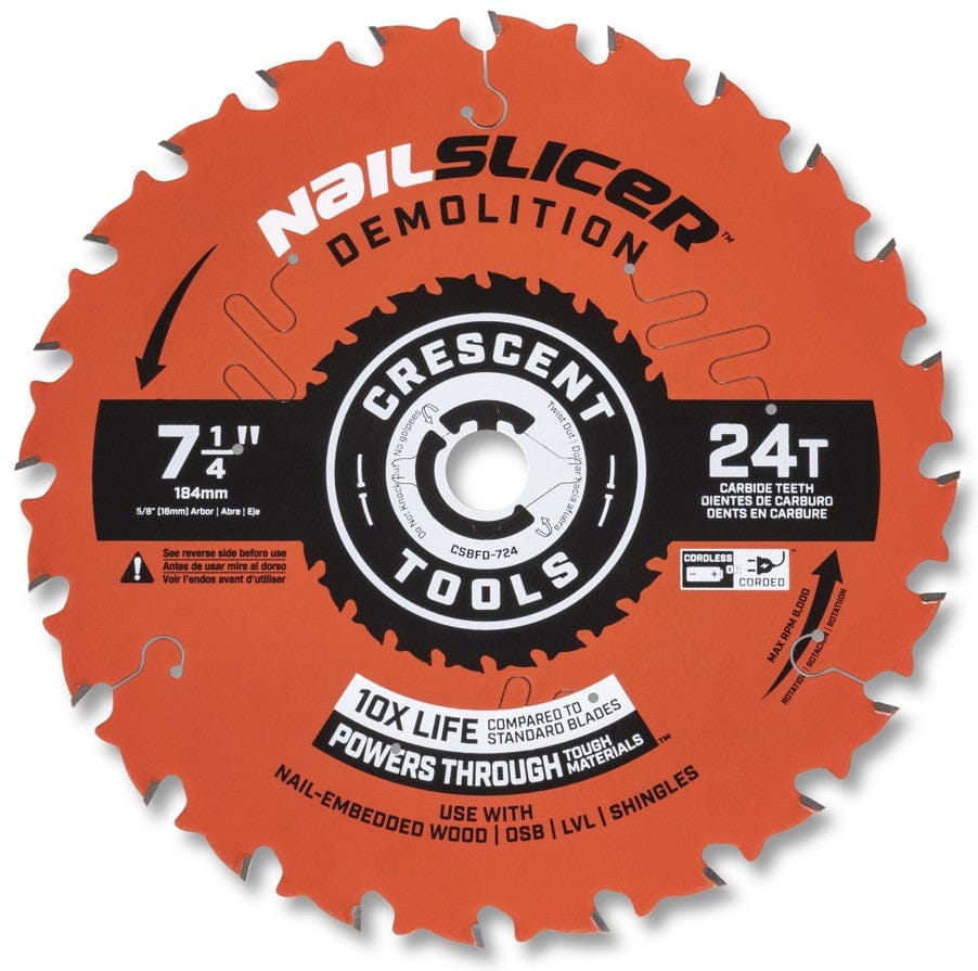 Close-up of Crescent NailSlicer demolition blade labeled for cutting nail-embedded wood, OSB, LVL, and shingles.