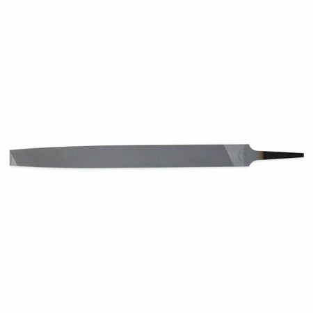 This is a long, flat metal file, characterized by its textured surface with diagonal cutting teeth running across its body. The file gradually narrows towards both ends, with one end forming a pointed tang for a handle and the other a slightly blunter, tapered tip.
