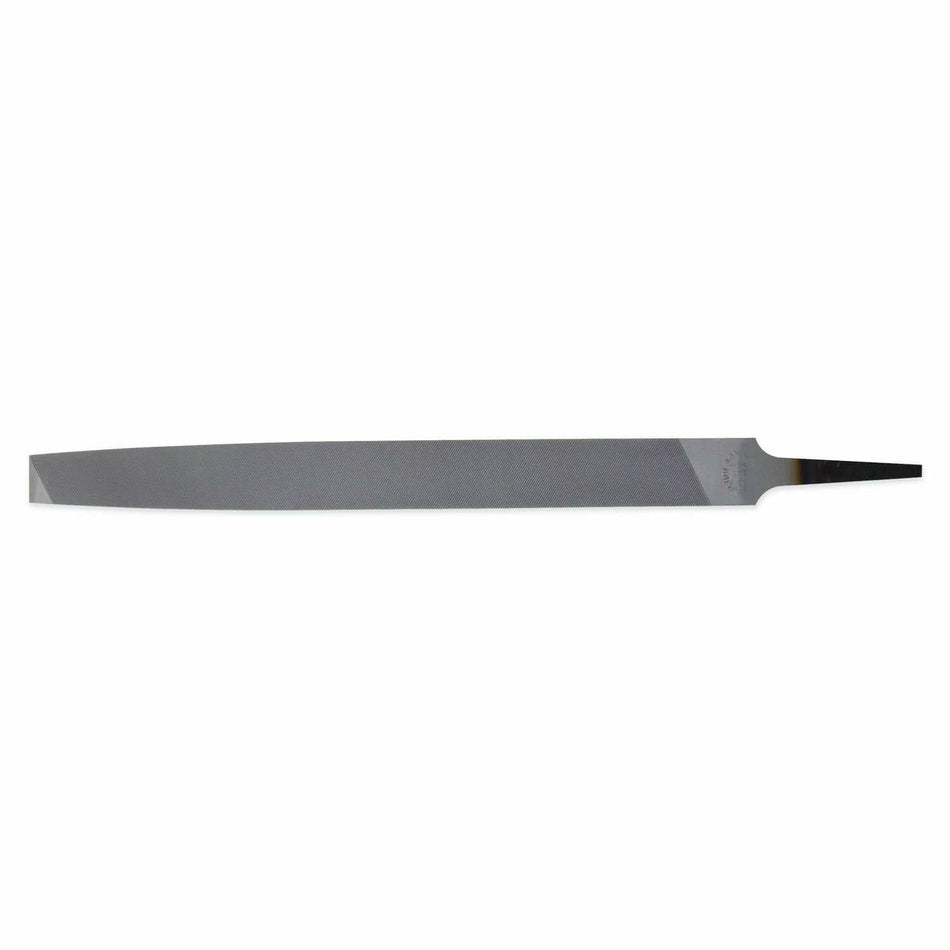This is a long, flat metal file, characterized by its textured surface with diagonal cutting teeth running across its body. The file gradually narrows towards both ends, with one end forming a pointed tang for a handle and the other a slightly blunter, tapered tip.