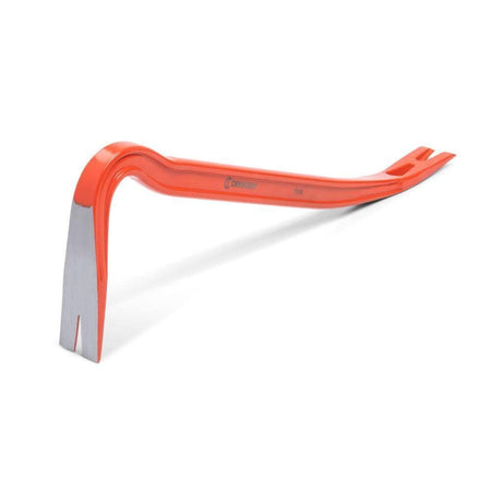 Close up view of the gooseneck end of the Crescent PB18 18-inch I-beam steel wrecking pry bar showing the ground precision tip and one of the three beveled nail slots.