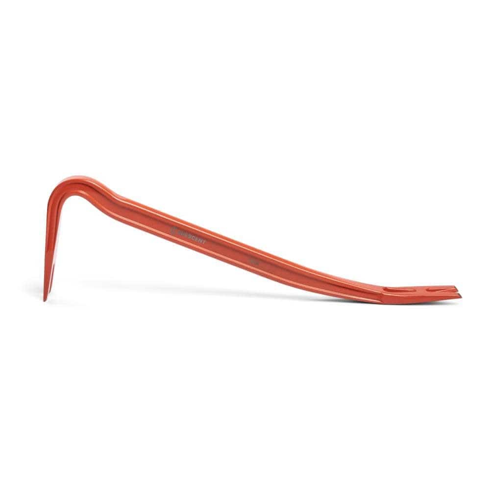 Side profile view of the Crescent PB18 18-inch I-beam steel wrecking pry bar demolition hand tool, highlighting the high visibility orange finish and lightweight design.