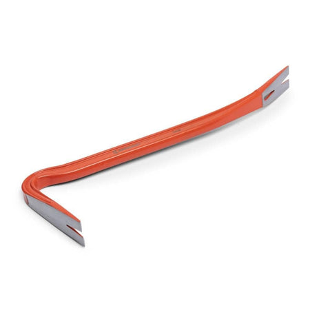 Angled view of the Crescent 18-inch steel wrecking pry bar, showcasing the straight chisel end with a beveled nail slot for renovation and wrecking projects.
