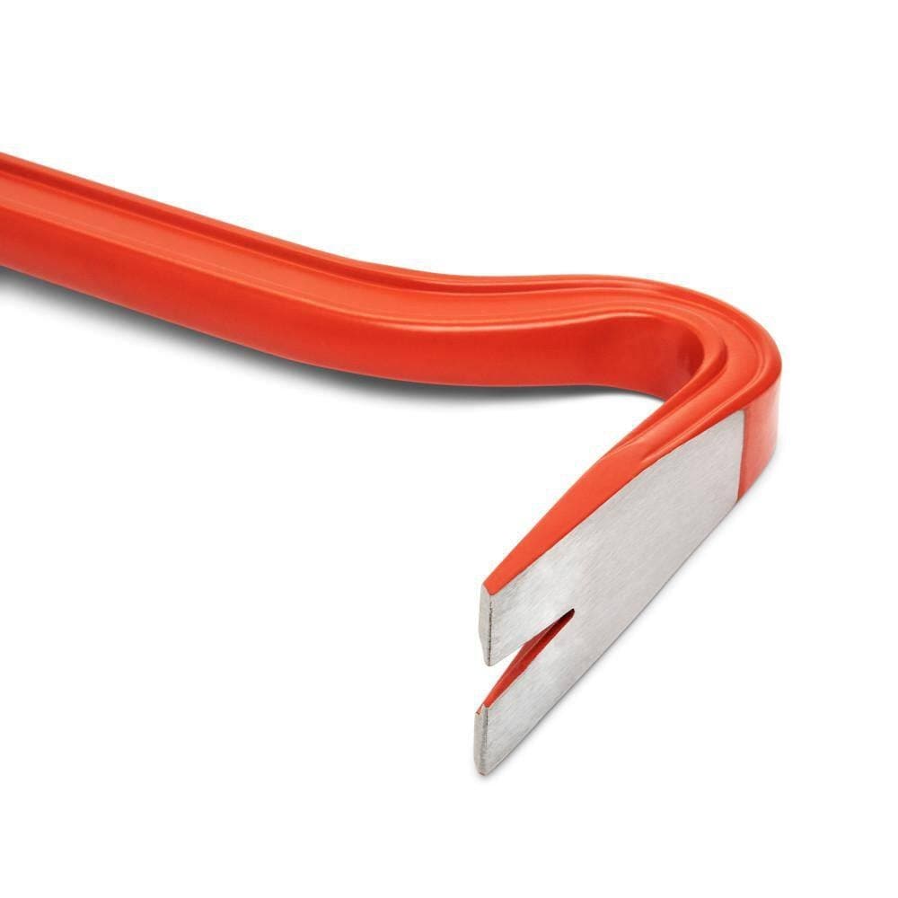 Detailed view of the curved gooseneck end on the Crescent 24-inch demolition hand tool, highlighting the I-beam construction, ground edge, and nail pulling slot for heavy duty wrecking.