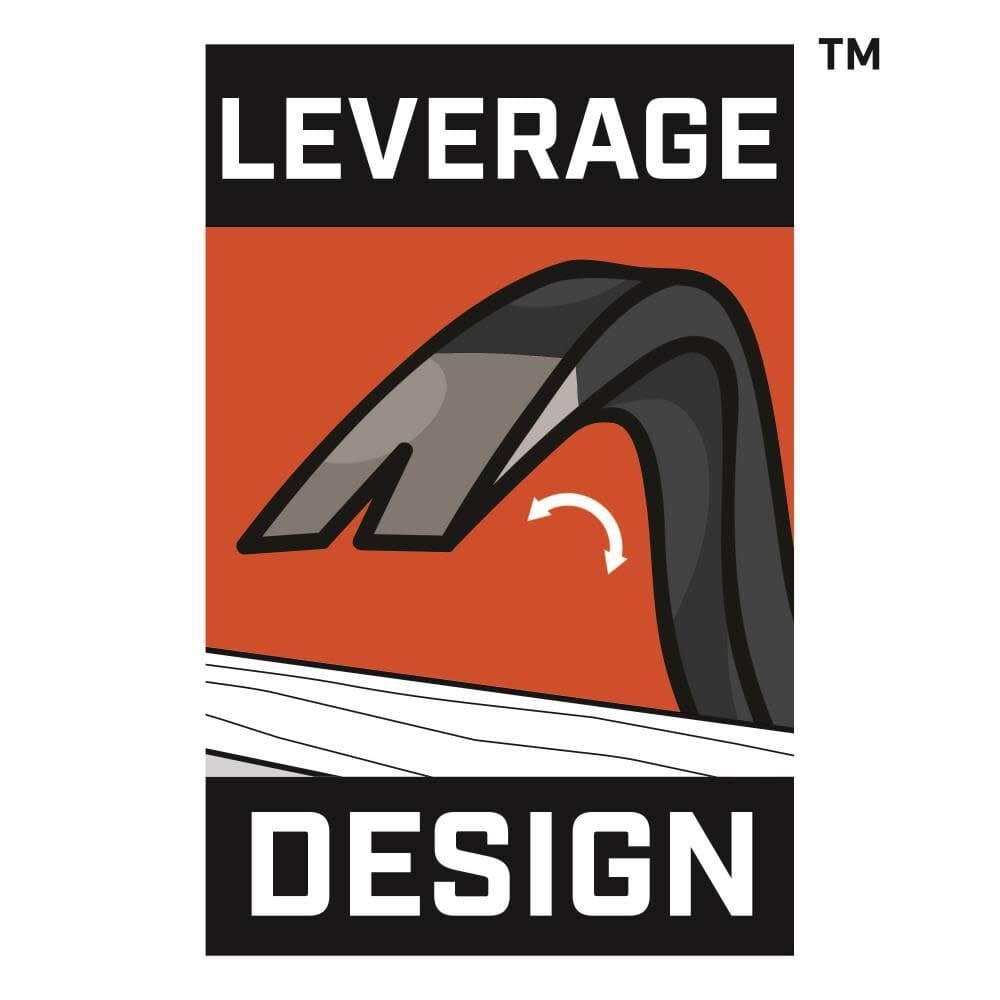 Leverage design graphic illustrating the curved gooseneck head of the Crescent 24-inch steel wrecking pry bar pivoting to provide maximum pulling power during demolition projects.