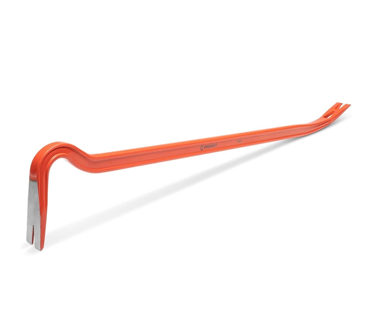 Angled close up view of the gooseneck end on the Crescent PB30 30-inch I-beam steel wrecking pry bar demolition hand tool, showing the precision ground edge and beveled nail slot.