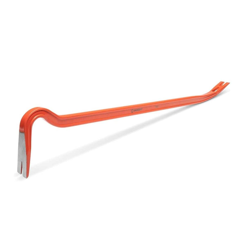 Angled close up view of the gooseneck end on the Crescent PB30 30-inch I-beam steel wrecking pry bar demolition hand tool, showing the precision ground edge and beveled nail slot.